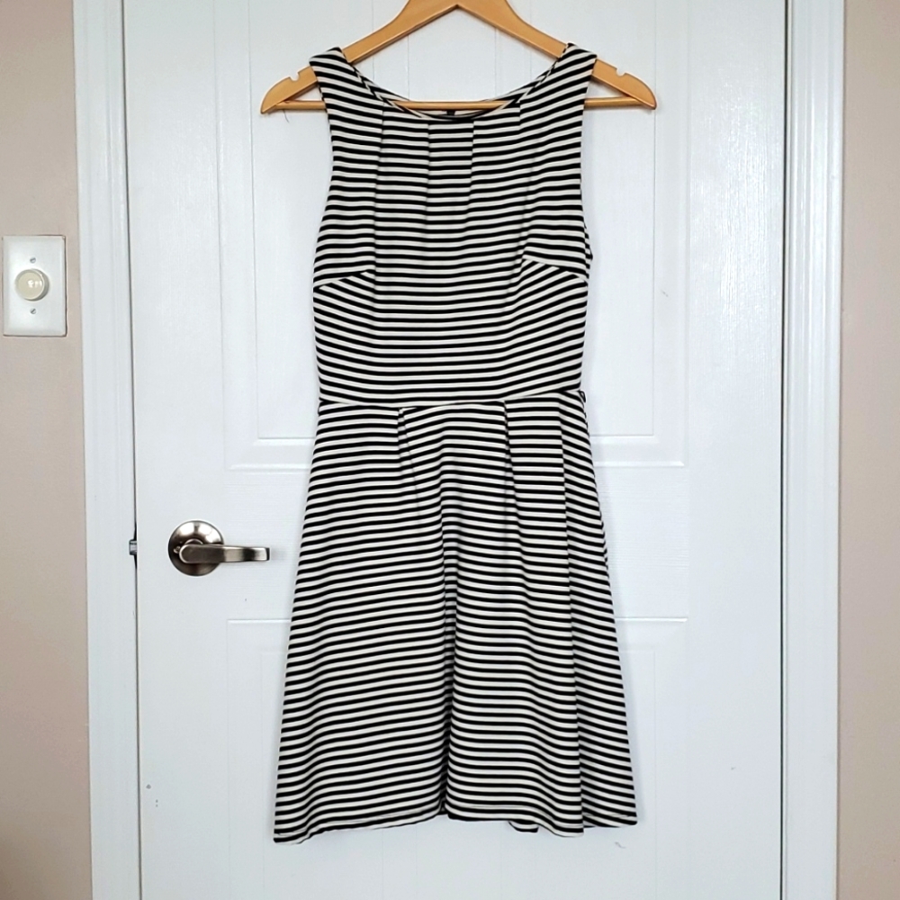 Black and white stripe, strapless, fit and flare dress